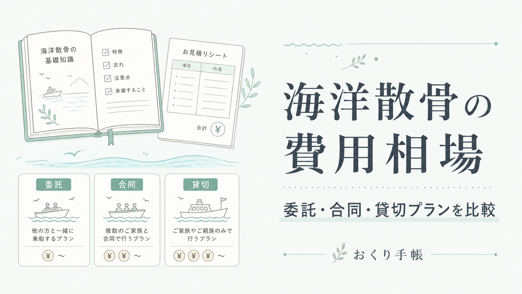 海洋散骨の費用相場と委託・合同・貸切プランの違いを整理したイメージ