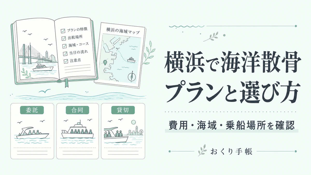 横浜の海洋散骨の委託・合同・貸切を案内する手帳とベイブリッジ・船の線画